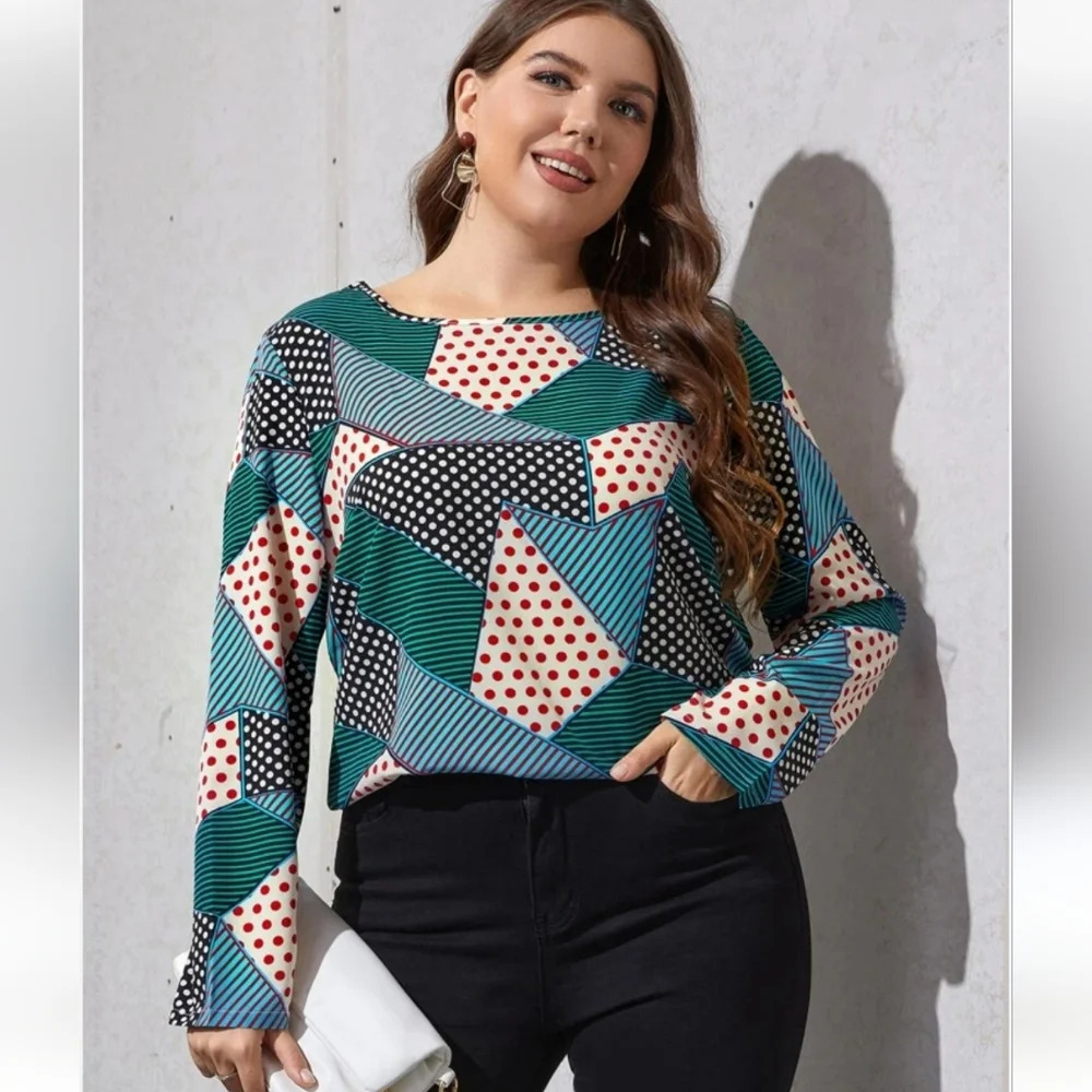 SHEIN Multicolored Patchwork Long Sleeve Top Shirt Size Women's 3XL